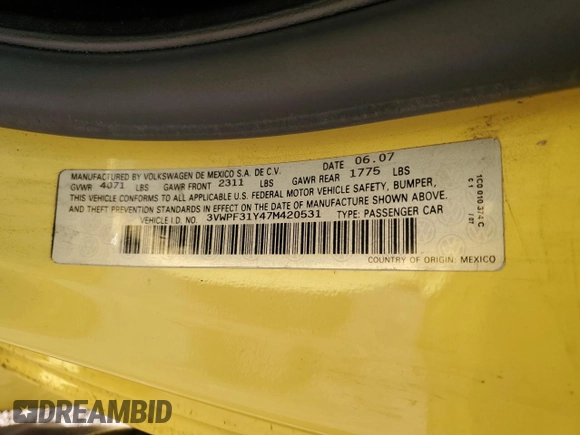2007 Volkswagen Beetle with VIN 3VWPF31Y47M420531, listed as a Copart auction lot 87063014 with 55,736 mi miles and Salvage title. Bid and sale history available at DreamBid. Image 12.