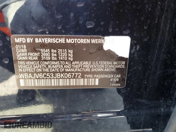 2018 BMW 6 Series 640i xDrive with VIN WBAJV6C53JBK06772, listed as a Copart auction lot 54380955 with Not Provided miles and Salvage Title. Bid and sale history available at carsss.com. Image 12.