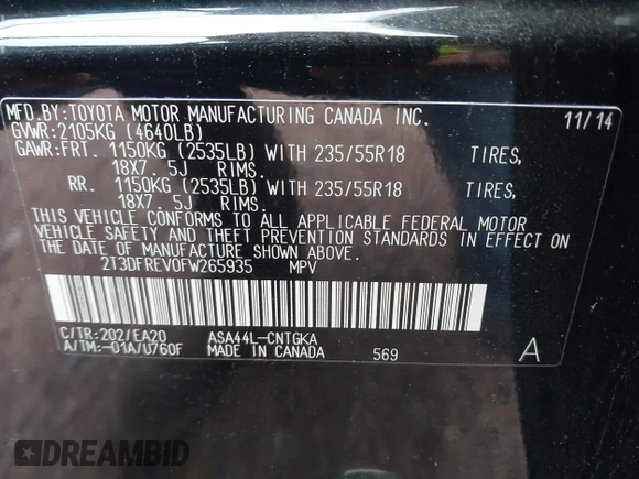 2015 Toyota RAV4 Limited with VIN 2T3DFREV0FW265935, listed as a IAAI auction lot 42353223 with 146,971 mi miles and . Bid and sale history available at DreamBid. Image 9.