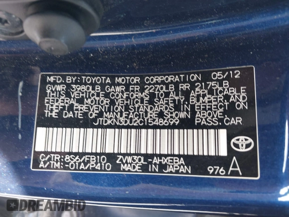 2012 Toyota Prius One with VIN JTDKN3DU2C1548699, listed as a IAAI auction lot 41920367 with 329,812 mi miles. Bid and sale history available at carsss.com. Image 9.