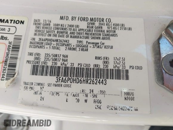 2017 Ford Fusion SE with VIN 3FA6P0HD6HR262443, listed as a IAAI auction lot 41041687 with 145,267 mi miles. Bid and sale history available at carsss.com. Image 9.