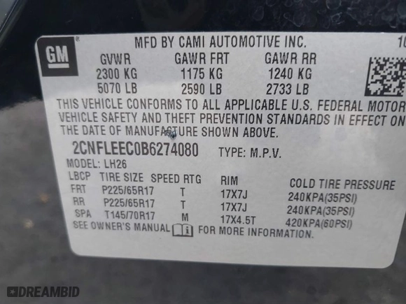 2011 Chevrolet Equinox LT w/1LT with VIN 2CNFLEEC0B6274080, listed as a IAAI auction lot 41765519 with 139,576 mi miles. Bid and sale history available at carsss.com. Image 9.