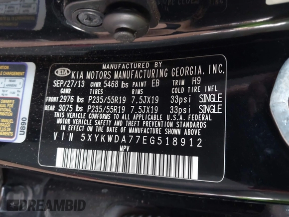 2014 Kia Sorento SX Limited with VIN 5XYKWDA77EG518912, listed as a IAAI auction lot 41865341 with 125,867 mi miles. Bid and sale history available at carsss.com. Image 9.