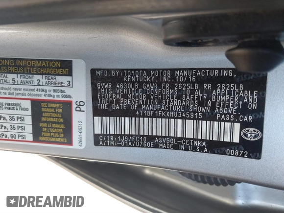 2017 Toyota Camry XLE with VIN 4T1BF1FKXHU345915, listed as a IAAI auction lot 41869325 with 144,417 mi miles. Bid and sale history available at carsss.com. Image 9.