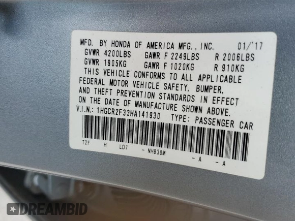 2017 Honda Accord Sedan LX with VIN 1HGCR2F33HA141930, listed as a Copart auction lot 47936085 with 78,006 mi miles and Salvage Title. Bid and sale history available at carsss.com. Image 14.