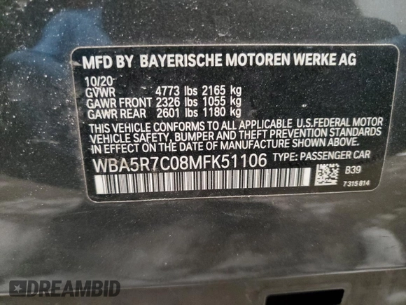 2021 BMW 3 Series 330i xDrive with VIN WBA5R7C08MFK51106, listed as a Copart auction lot 88921305 with 44,889 mi miles and Salvage Title. Bid and sale history available at carsss.com. Image 13.