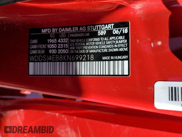 2019 Mercedes-Benz CLA 250 z VIN WDDSJ4EB8KN699218, wystawiony jako Copart lot #57364785 z przebiegiem 19 481 mil mil oraz Szkoda całkowita • Salvage title. Historia ofert i sprzedaży dostępna na DreamBid. Obrazek 12.