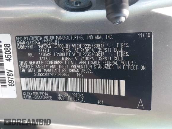 2011 Toyota Sienna LE AAS with VIN 5TDKK3DC2BS096965, listed as a IAAI auction lot 42583783 with 288,489 mi miles and . Bid and sale history available at DreamBid. Image 9.