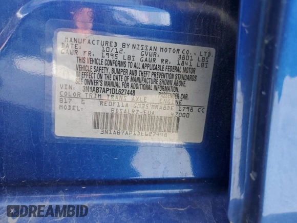 2013 Nissan Sentra FE+ S with VIN 3N1AB7AP1DL627448, listed as a Copart auction lot 52563635 with 154,428 mi miles and Salvage Title. Bid and sale history available at DreamBid. Image 12.