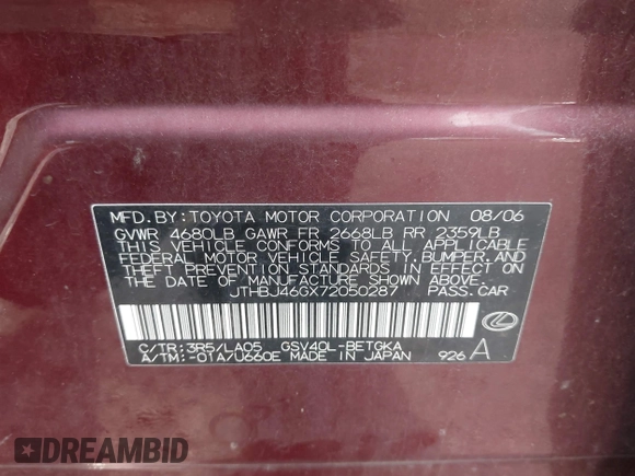 2007 Lexus ES with VIN JTHBJ46GX72050287, listed as a IAAI auction lot 42146967 with Not Provided miles. Bid and sale history available at carsss.com. Image 9.