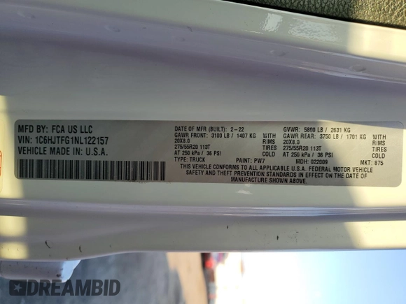 2022 Jeep Gladiator Overland with VIN 1C6HJTFG1NL122157, listed as a Copart auction lot 85239324 with 62,396 mi miles and Salvage title. Bid and sale history available at DreamBid. Image 13.