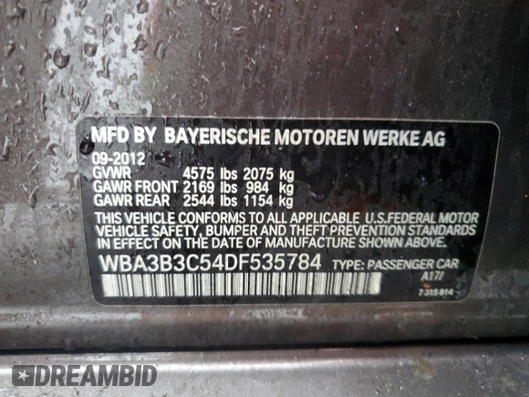 2013 BMW 3 Series 328i xDrive with VIN WBA3B3C54DF535784, listed as a Copart auction lot 85014874 with Not Provided miles and Salvage Title. Bid and sale history available at DreamBid. Image 13.