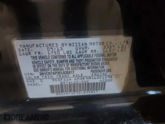 2014 Nissan Versa SV with VIN 3N1CN7AP3EL835817, listed as a IAAI auction lot 41312955 with 183,375 mi miles. Bid and sale history available at carsss.com. Image 9.