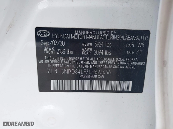2020 Hyundai Elantra SEL with VIN 5NPD84LF7LH623656, listed as a IAAI auction lot 42026562 with 65,538 mi miles. Bid and sale history available at carsss.com. Image 9.