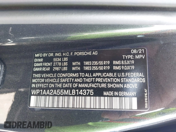2021 Porsche Macan with VIN WP1AA2A55MLB14375, listed as a IAAI auction lot 42451578 with 48,930 mi miles and . Bid and sale history available at DreamBid. Image 9.