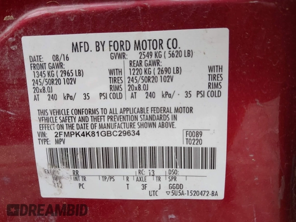 2016 Ford Edge Titanium with VIN 2FMPK4K81GBC29634, listed as a IAAI auction lot 41951816 with 58,400 mi miles. Bid and sale history available at carsss.com. Image 9.