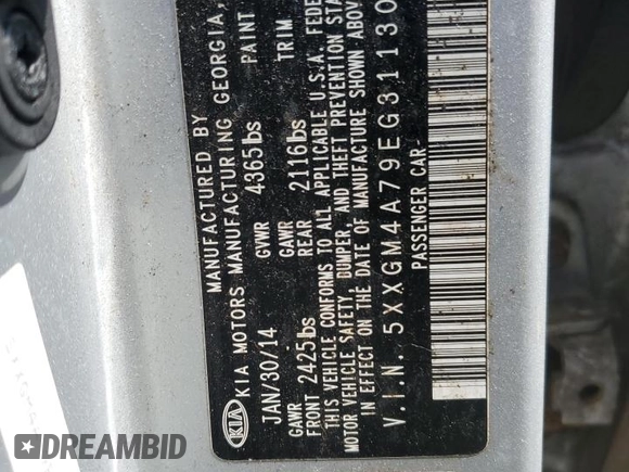 2014 Kia Optima LX z VIN 5XXGM4A79EG311308, wystawiony jako Copart lot #58212405 z przebiegiem 147 006 mil mil oraz Szkoda całkowita • Salvage title. Historia ofert i sprzedaży dostępna na DreamBid. Obrazek 13.