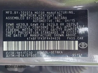2015 Toyota Camry XLE with VIN 4T4BF1FK9FR494626, listed as a IAAI auction lot 42696581 with Not provided miles and . Bid and sale history available at DreamBid. Image 9.