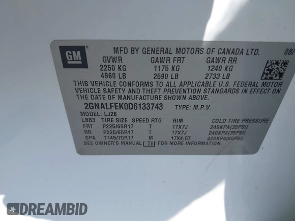 2013 Chevrolet Equinox LTZ with VIN 2GNALFEK0D6133743, listed as a IAAI auction lot 39220198 with 29 mi miles. Bid and sale history available at carsss.com. Image 9.