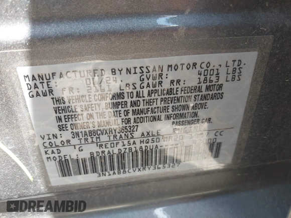 2024 Nissan Sentra SV with VIN 3N1AB8CVXRY365327, listed as a IAAI auction lot 42521859 with 22,848 mi miles and . Bid and sale history available at DreamBid. Image 9.