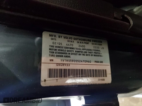 2005 Volvo S60 with VIN YV1RS592052470960, listed as a Copart auction lot 44821355 with 165,802 mi miles and Salvage Title. Bid and sale history available at carsss.com. Image 15.