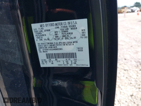 2004 Ford F-150 XLT with VIN 1FTPX14524KB82283, listed as a IAAI auction lot 42641442 with 203,326 mi miles and . Bid and sale history available at DreamBid. Image 9.