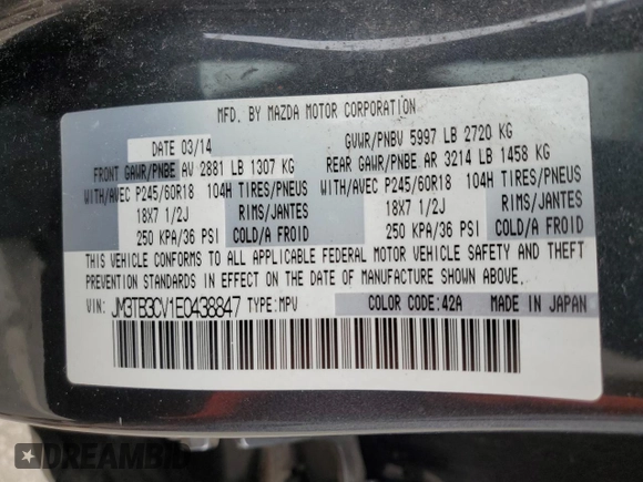 2014 Mazda CX-9 Touring with VIN JM3TB3CV1E0438847, listed as a Copart auction lot 62277205 with 209,050 mi miles and Salvage title. Bid and sale history available at DreamBid. Image 14.