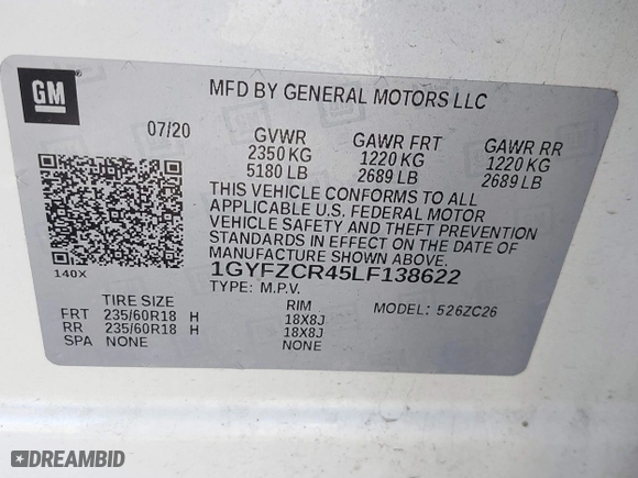 2020 Cadillac XT4 FWD Premium Luxury with VIN 1GYFZCR45LF138622, listed as a IAAI auction lot 41764535 with 99,079 mi miles. Bid and sale history available at carsss.com. Image 9.