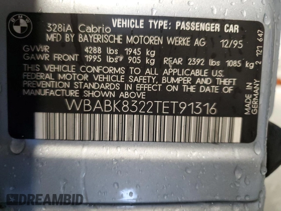 1996 BMW 3-Series 328IC with VIN WBABK8322TET91316, listed as a Copart auction lot 80755474 with 0 mi miles and Salvage Title. Bid and sale history available at carsss.com. Image 14.