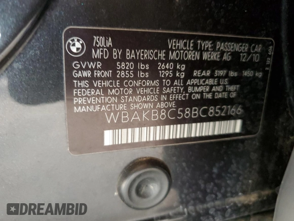 2011 BMW 7 Series 750Li z VIN WBAKB8C58BC852166, wystawiony jako Copart lot #51004065 z przebiegiem 110 499 mil mil oraz Szkoda całkowita • Salvage title. Historia ofert i sprzedaży dostępna na DreamBid. Obrazek 12.