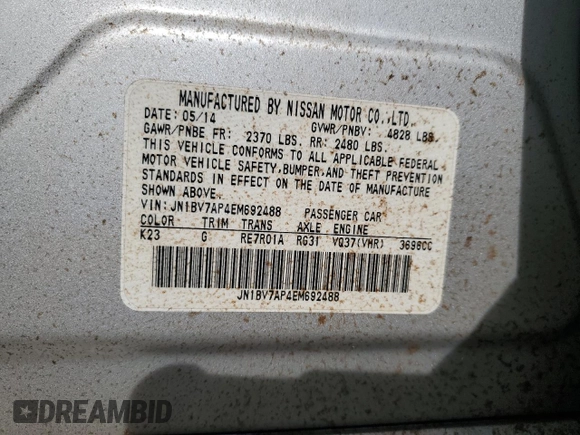 2014 Infiniti Q50 Premium with VIN JN1BV7AP4EM692488, listed as a Copart auction lot 52278185 with Not provided miles and Non repairable. Bid and sale history available at DreamBid. Image 12.