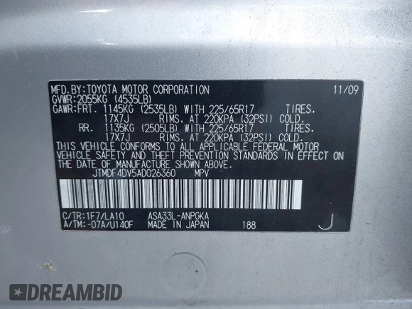 2010 Toyota RAV4 Ltd with VIN JTMDF4DV5AD026360, listed as a IAAI auction lot 41482922 with 132,751 mi miles. Bid and sale history available at carsss.com. Image 9.