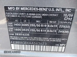 2010 Mercedes-Benz M 350 with VIN 4JGBB8GBXAA563623, listed as a IAAI auction lot 42188581 with 149,568 mi miles and . Bid and sale history available at DreamBid. Image 9.
