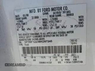 2008 Ford F-150 XL z VIN 1FTRF12238KD97245, wystawiony jako Copart lot #60232595 z przebiegiem 132 967 mil mil oraz Szkoda całkowita • Salvage title. Historia ofert i sprzedaży dostępna na DreamBid. Obrazek 12.