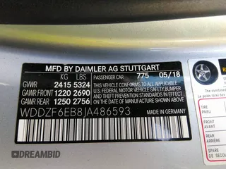 2018 Mercedes-Benz E with VIN WDDZF6EB8JA486593, listed as a IAAI auction lot 40496961 with 78,160 mi miles. Bid and sale history available at carsss.com. Image 9.