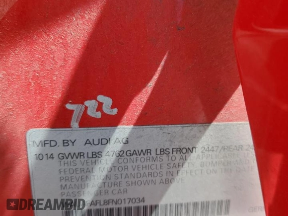2015 Audi A4 Premium с VIN WAUAFAFL8FN017034, выставлен на аукционе Copart как лот 53305325 с пробегом 114 119 миль миль и Списание • Salvage title. История ставок и продаж доступна на DreamBid. Изображение 14.