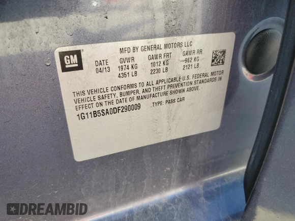 2013 Chevrolet Malibu LS with VIN 1G11B5SA0DF290009, listed as a Copart auction lot 50259515 with 116,805 mi miles and Salvage Title. Bid and sale history available at DreamBid. Image 12.