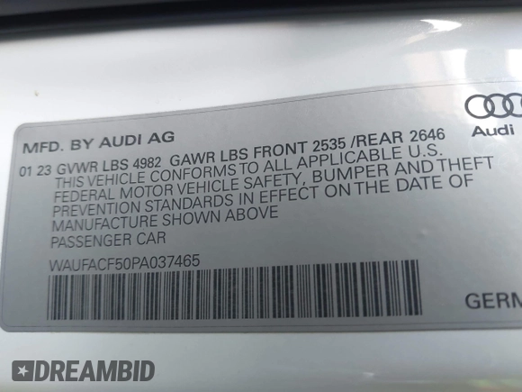 2023 Audi A5 Sportback S line Premium Plus z VIN WAUFACF50PA037465, wystawiony jako IAAI lot #42115428 z przebiegiem 34 463 mil mil oraz . Historia ofert i sprzedaży dostępna na DreamBid. Obrazek 9.