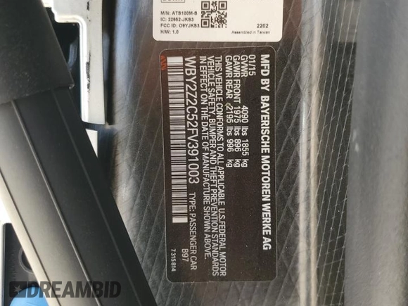 2015 BMW i8 z VIN WBY2Z2C52FV391003, wystawiony jako Copart lot #49772875 z przebiegiem Nie podano mil oraz Szkoda całkowita • Salvage title. Historia ofert i sprzedaży dostępna na DreamBid. Obrazek 15.