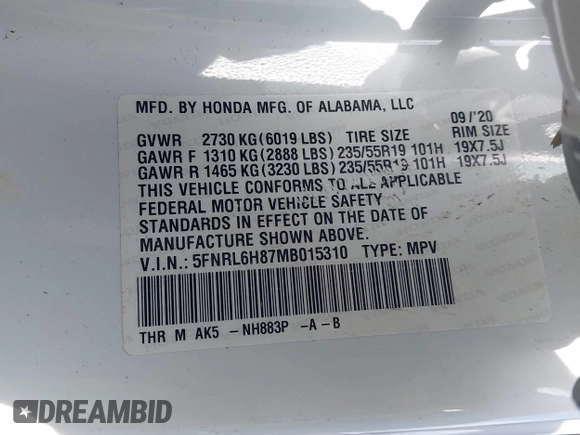 2021 Honda Odyssey Touring with VIN 5FNRL6H87MB015310, listed as a IAAI auction lot 41916339 with 58,808 mi miles. Bid and sale history available at carsss.com. Image 9.