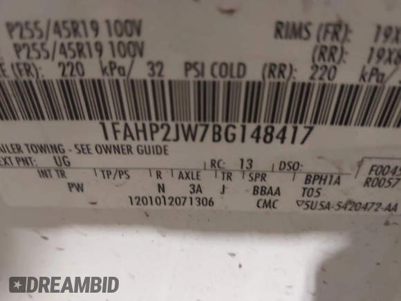 2011 Ford Taurus Limited with VIN 1FAHP2JW7BG148417, listed as a IAAI auction lot 41855021 with 122,372 mi miles and . Bid and sale history available at DreamBid. Image 9.