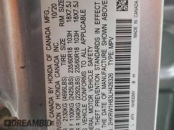 2020 Honda CR-V EX-L with VIN 2HKRW1H83LH426326, listed as a Copart auction lot 46158385 with 98,835 mi miles and Salvage Title. Bid and sale history available at carsss.com. Image 12.