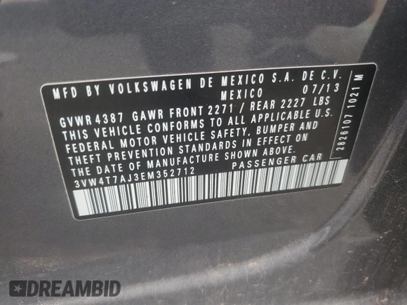 2014 Volkswagen Jetta GLI with VIN 3VW4T7AJ3EM352712, listed as a Copart auction lot 59582825 with 145,765 mi miles and Salvage title. Bid and sale history available at DreamBid. Image 12.