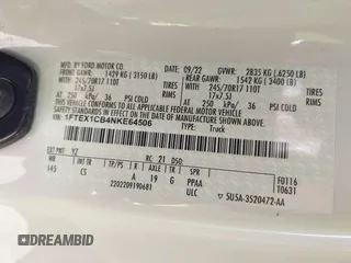 2022 Ford F-150 XL z VIN 1FTEX1CB4NKE64506, wystawiony jako IAAI lot #41408979 z przebiegiem Nie podano mil oraz . Historia ofert i sprzedaży dostępna na DreamBid. Obrazek 9.