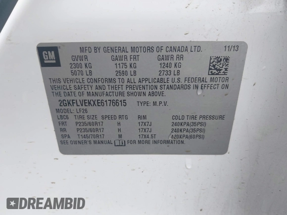 2014 GMC Terrain SLE with VIN 2GKFLVEKXE6176615, listed as a IAAI auction lot 41726034 with 149,448 mi miles. Bid and sale history available at carsss.com. Image 9.