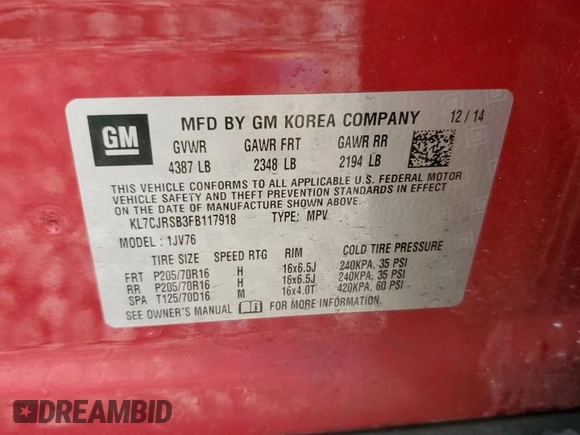 2015 Chevrolet Trax LT with VIN KL7CJRSB3FB117918, listed as a Copart auction lot 54357805 with 54,579 mi miles and Salvage Title. Bid and sale history available at carsss.com. Image 14.