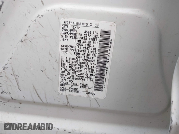2012 Nissan Rogue S with VIN JN8AS5MV3CW418110, listed as a IAAI auction lot 42261043 with 171,514 mi miles and . Bid and sale history available at DreamBid. Image 9.