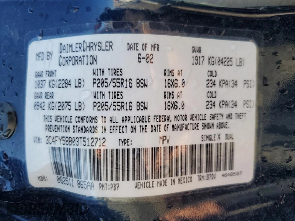 2003 Chrysler PT Cruiser Touring with VIN 3C4FY58B03T512712, listed as a Copart auction lot 43663805 with 93,544 mi miles and Salvage Title. Bid and sale history available at carsss.com. Image 13.