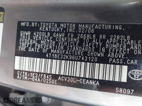 2006 Toyota Camry STD with VIN 4T1BE32K96U743120, listed as a IAAI auction lot 41865599 with 277,608 mi miles. Bid and sale history available at carsss.com. Image 9.