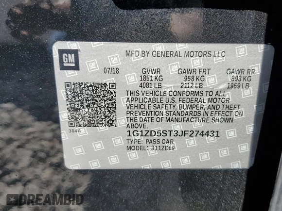 2018 Chevrolet Malibu LT with VIN 1G1ZD5ST3JF274431, listed as a Copart auction lot 72412924 with 117,362 mi miles and Salvage Title. Bid and sale history available at carsss.com. Image 12.